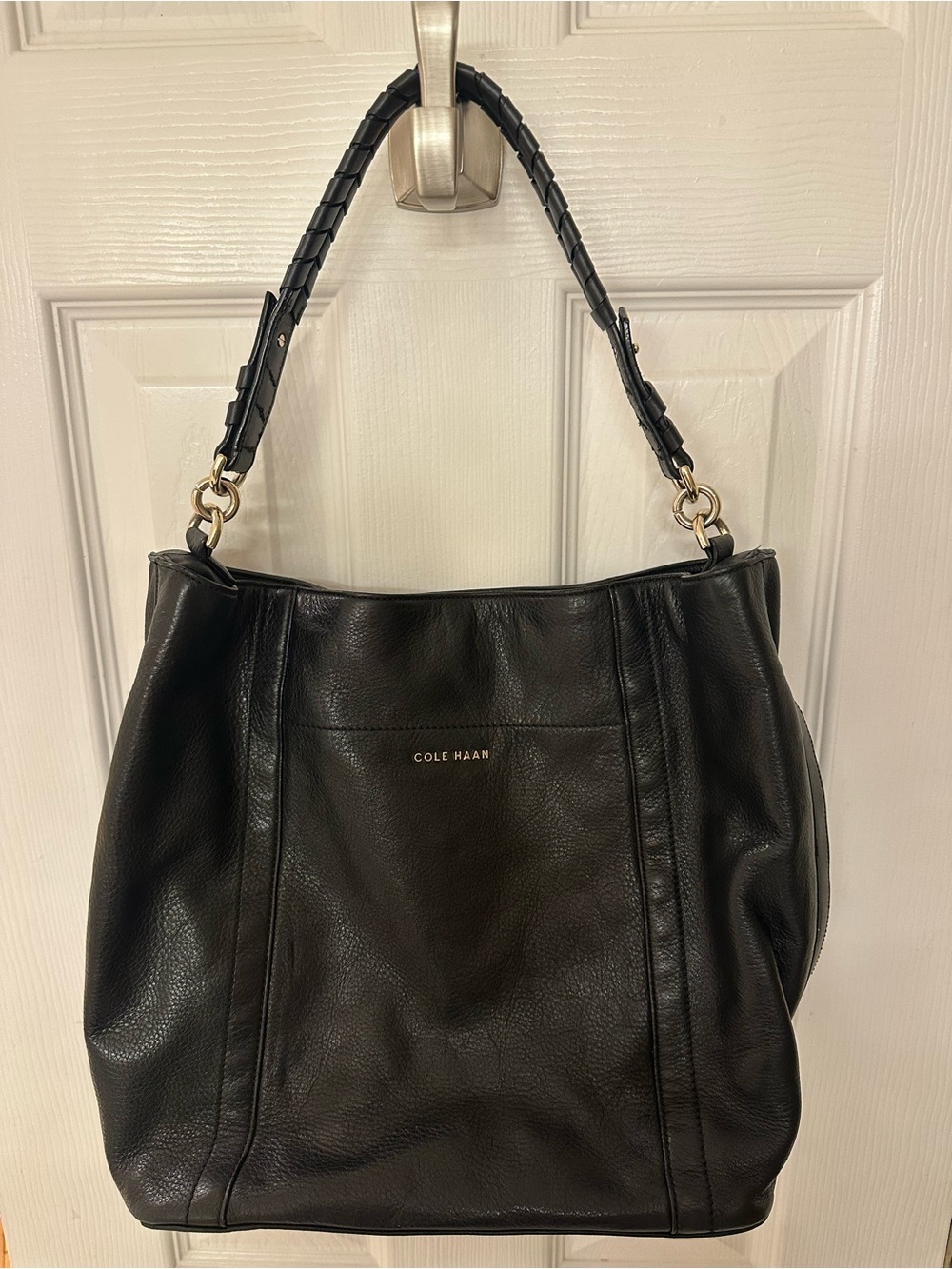 Cole Haan Black Pebbled Leather Braided-Handle Shoulder Bag